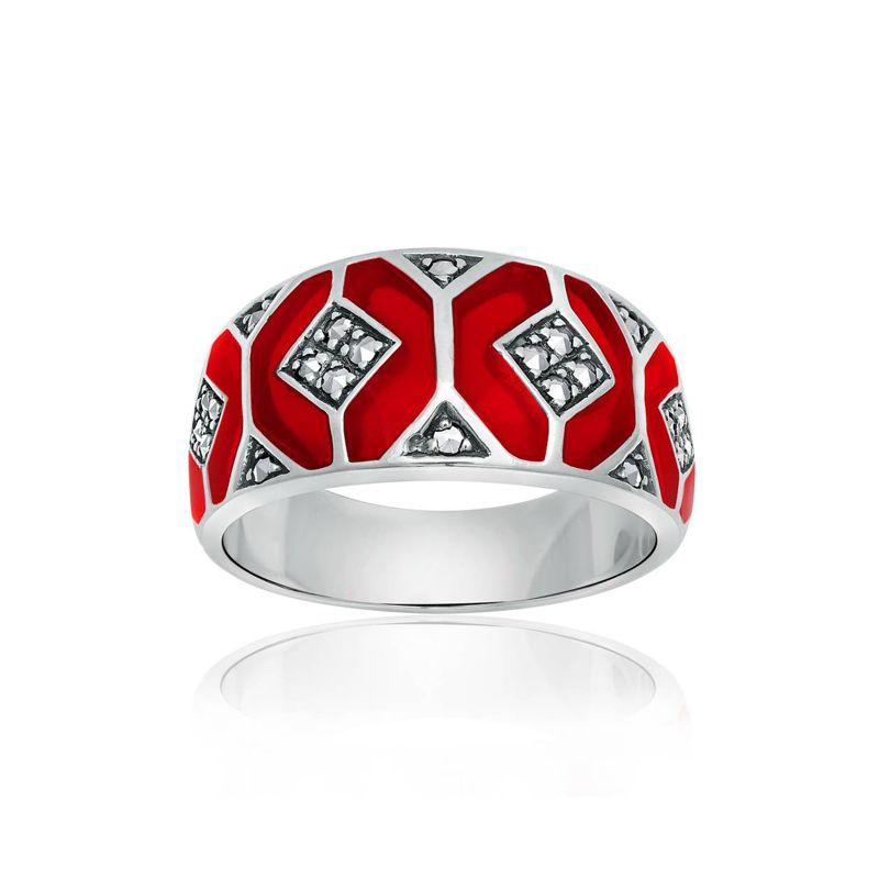 Red Enamel and Marcasite Octagon Ring - Click Image to Close